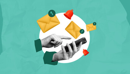 Poster - Hands using smartphone with email notifications and alert icons on creative teal background in modern collage style concept of communication and messaging.