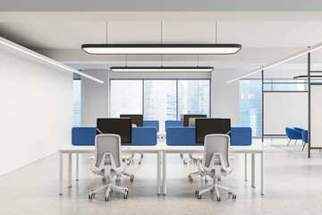 Poster - Modern open-plan office interior with ergonomic chairs and computer desks in a bright high-rise workspace with cityscape view through large windows. 3D Rendering