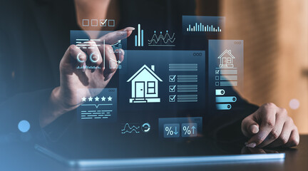 Poster - Businesswoman using futuristic digital interface for real estate analytics and investment strategy on tablet in modern workspace environment..