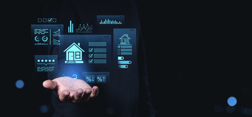 Poster - Real estate analytics interface with floating blue HUD elements above open hand on dark background, showing creative digital data interaction concept.