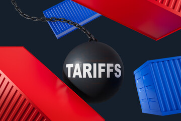 Poster - 3D concept of economic tariffs represented by a wrecking ball smashing shipping containers on dark background illustrating trade conflict impact. 3D Rendering