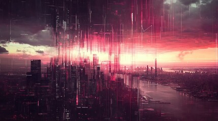 Wall Mural - Digital cityscape at sunset, overlayed with vibrant lines.
