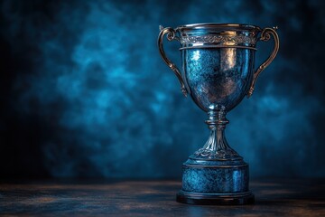 shiny silver trophy on blue background with dramatic lighting and deep shadows minimalist sports awa