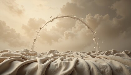 Poster - Water arc displaying elegance on fabric surface amidst dramatic cloudy skies surreal visual art tranquil environment captivating viewpoint