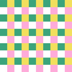Wall Mural - Checkered plaid repeat pattern in green yellow pink white.Geometric gingham seamless pattern for summer, Christmas.Colorful abstract background with squares.Vector graphic wallpaper.