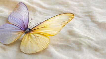 Fototapete - Minimalist butterfly wings created from smooth pastel gradients of yellow and lavender, spreading gracefully on a soft beige canvas.