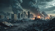 © Larysa - A desolate cityscape shows a scene of devastation after a massive explosion and inferno.