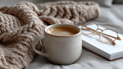 Aufkleber - Embracing the calm of a leisurely morning, a cozy cup of coffee rests beside a notebook and glasses, all nestled in soft blankets, inviting relaxation and comfort as the day begins