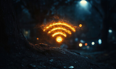 Poster - WiFi Signal Icon Glowing in Flames Amidst Dark Forest Background with Bokeh Lights.