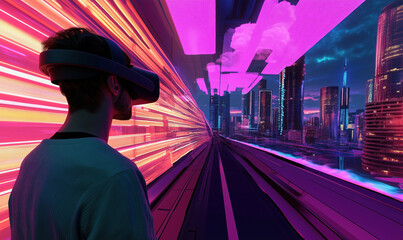 Poster - Virtual Reality Experience in Futuristic Cityscape with Neon Lights and Skyscrapers.