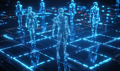 Poster - Futuristic digital humanoid figures in glowing grid environment, showcasing advanced technology and virtual reality concepts.