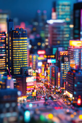 Poster - Vibrant cityscape at night showcasing illuminated skyscrapers, bustling streets, and colorful neon signs in a modern urban environment.