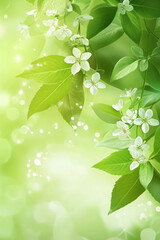 Poster - Delicate white flowers and lush green leaves creating a serene, vibrant nature background with soft bokeh effects.