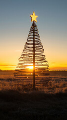 Poster - Christmas tree silhouette against sunrise, wire frame design, star topper, frosty field, warm golden light, serene winter landscape.