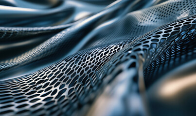 Poster - metallic mesh texture with intricate perforations and flowing waves, showcasing depth and reflection