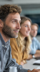 Poster - In a contemporary office setting, employees focus intently on their tasks during a meeting, actively using a productivity app to enhance collaboration and communication among team members