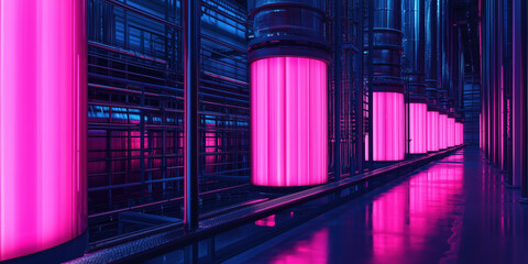 Poster - Futuristic industrial facility with glowing pink cylindrical tanks and metallic structures, illuminated by blue and pink lighting.