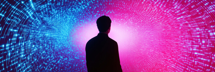 Poster - digital art installation featuring silhouette of person against vibrant blue and pink light patterns