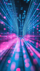 Poster - Futuristic digital corridor with vibrant blue and pink light trails, abstract technology background, glowing lines and dots, depth perspective.