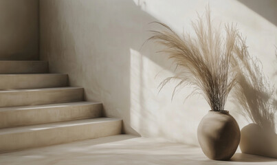 Poster - Elegant minimalist interior design featuring soft light, textured walls, and decorative vase with dried grass on staircase.