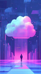 Poster - Futuristic digital landscape with cloud computing concept, vibrant colors, person standing in neon-lit corridor, abstract technology background.