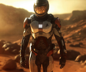 Poster - Astronaut in futuristic space suit exploring Martian landscape, detailed helmet, rocky terrain, warm lighting, science fiction theme, copy space for text.