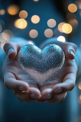 Poster - Glittering Heart Symbolizing Love and Care Held in Hands with Bokeh Background.