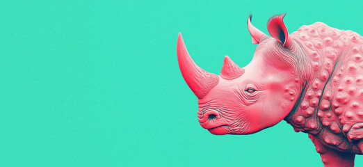 Poster - Rhinoceros sculpture in vibrant pink against turquoise background, showcasing intricate textures and modern design elements, copy space for text.