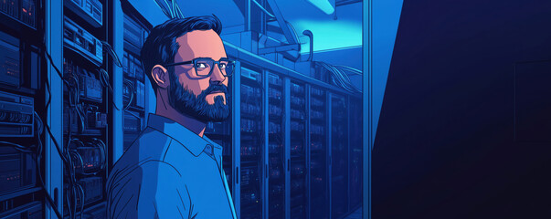 Poster - Data center technician monitoring servers in high-tech environment, blue lighting, focused expression, modern technology, digital infrastructure, copy space for text.
