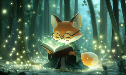 Poster - Magical fox reading enchanted book in mystical forest, surrounded by glowing letters and symbols, whimsical atmosphere, enchanting scene.