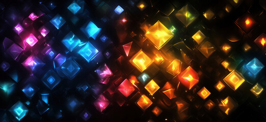 Poster - vibrant abstract background with glowing geometric shapes, colorful diamonds and squares in blue, pi