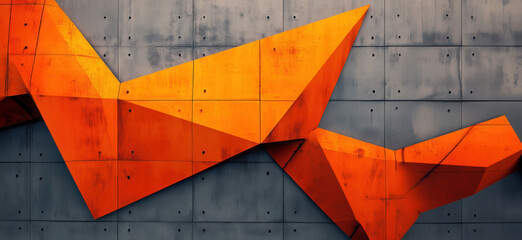 Poster - Geometric Abstract Art with Orange Triangular Shapes on Gray Concrete Wall, copy space for text.