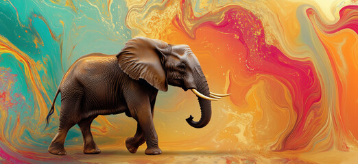 Poster - Elephant walking against vibrant abstract background of swirling colors and patterns, showcasing artistic representation of wildlife, copy space for text.