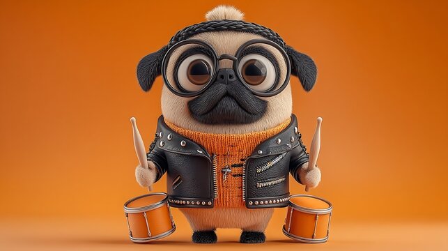 Adorable 3D rendering of a pug dog dressed in a studded leather jacket, playing drums against an orange background