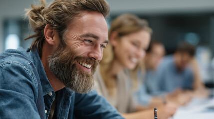 Poster - Smiling coworkers enthusiastically exchange ideas while planning their next project in a bright, contemporary office setting. Their camaraderie shines through as they engage in discussion