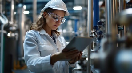 Leinwandbilder - Female engineer using digital tablet in a modern factory setting