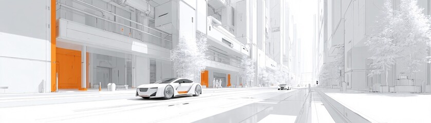 Poster - Minimalist future city with geometric architecture, autonomous vehicles on clean streets, smart infrastructure, digital street art, next-gen urban lifestyle, refined industrial aesthetics, utopian