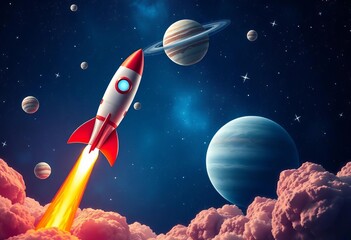 Wall Mural - Vibrant rockets soaring past planets amidst sparkling stars on a deep blue cosmic backdrop, asteroid, planet