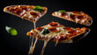 © Oleksiy - four appetizing pepperoni pizza slices with melted cheese and basil leaves, dynamically flying against a dark backdrop