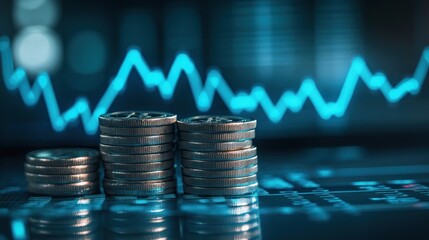 Poster - Stacked coins against a backdrop of a declining stock market graph