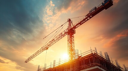 Poster - Construction crane at sunset over a building under construction