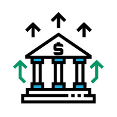 Poster - Bank Building with Arrows Icon Representing Financial Transactions and Services