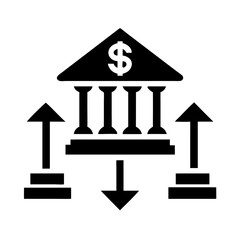 Poster - Bank Building with Arrows Icon Representing Financial Transactions and Services