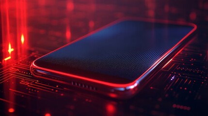 Poster - Sleek smartphone resting on circuit board, vibrant red lighting