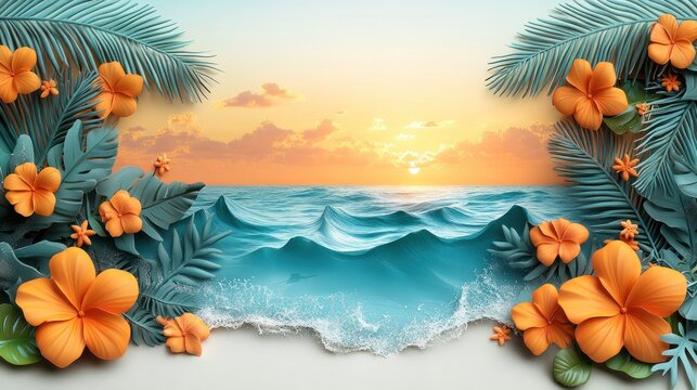 Summer clearance sale poster with ocean wave background and tropical color theme