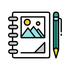 Aufkleber - Notebook with Image and Pen Icon Representing Creative Writing and Visual Design