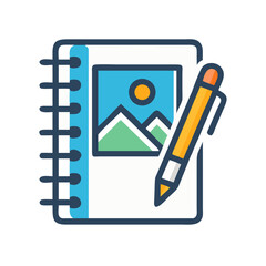 Leinwandbilder - Notebook with Image and Pen Icon Representing Creative Writing and Visual Design