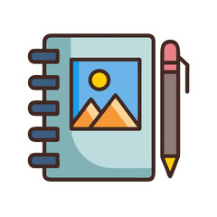Leinwandbilder - Notebook with Image and Pen Icon Representing Creative Writing and Visual Design