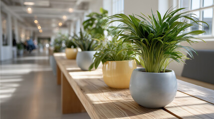 Poster - In a vibrant startup workspace, potted plants adorn a long wooden table, enhancing the atmosphere of creativity and sustainability