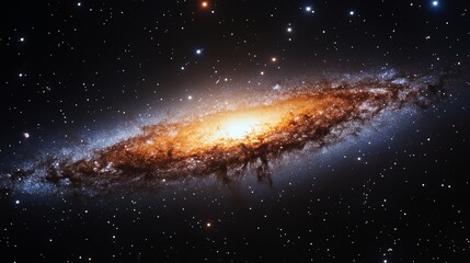 Wall Mural - A vibrant spiral galaxy glows with orange and blue hues against a dark starry background.  Perfect for science and space exploration projects.